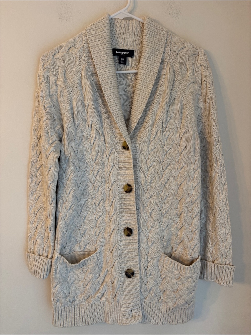 Lands' End Ivory Cable-Knit Shawl-Collar longer Cardigan sweater women’s 6/8 EUC